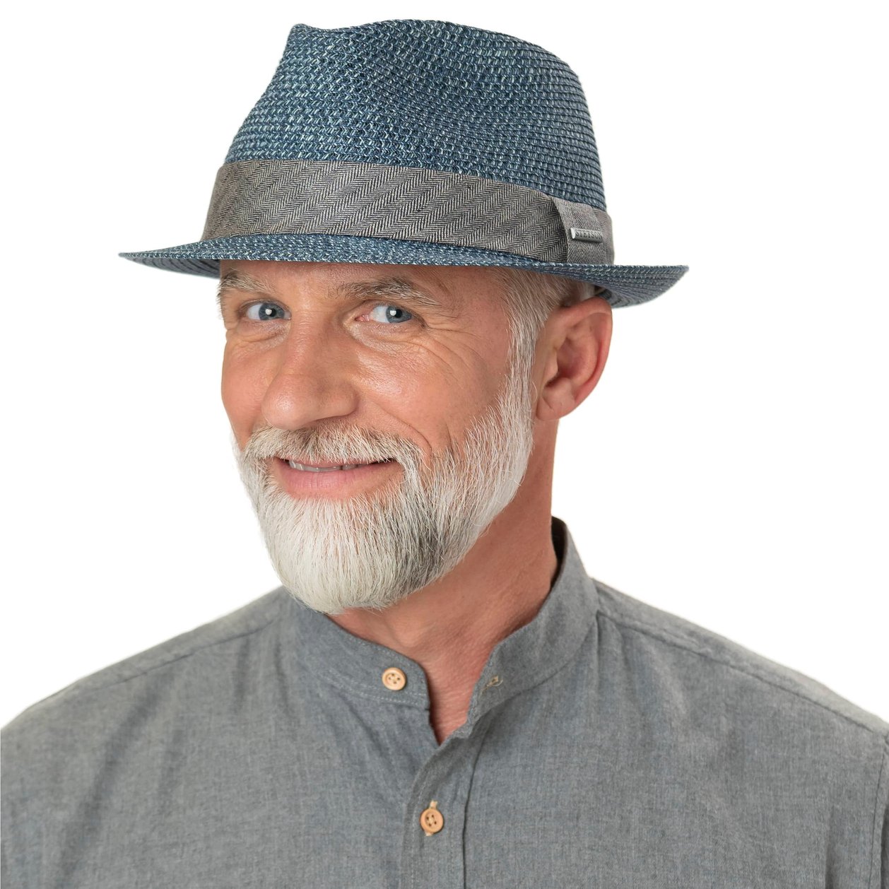 Bosto Trilby Sommerhut – Knitterfreundlich, Mit Farbig Abgesetzter Krempe (Grau-Blau, S/M 55-57 Cm, 100% Polyester)